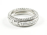 Beautiful Textured Top Bottom Middle CZ Row Silver Tone Silver Band Ring