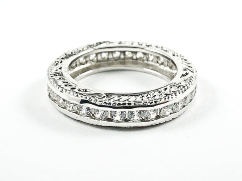 Beautiful Textured Top & Bottom Filigree Design Eternity CZ Silver Tone Silver Ring Band