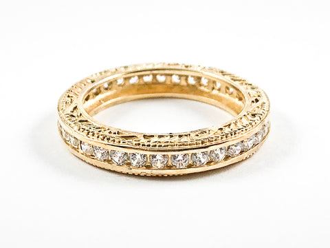 Beautiful Textured Top & Bottom Filigree Design Eternity CZ Gold Tone Silver Ring Band