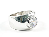 Classic Single Center Round CZ Shiny Metallic Band Silver Ring