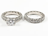 Classic Antique Style 2 Piece Set Textured Band Center Crown CZ Setting Silver Ring