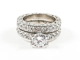 Classic Antique Style 2 Piece Set Textured Band Center Crown CZ Setting Silver Ring