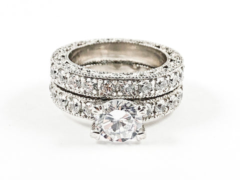 Classic Antique Style 2 Piece Set Textured Band Center Crown CZ Setting Silver Ring