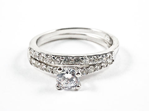 Classic Simple 2 Piece Set CZ Setting With Center Crown CZ Silver Ring
