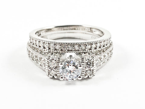 Classic Beautiful 2 Piece Set Textured CZ Setting Center Round Crown Setting Silver Ring