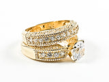 Beautiful Classic 2 Piece Set Textured CZ Setting Center Crown Setting Gold Tone Silver Ring