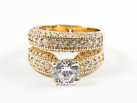 Beautiful Classic 2 Piece Set Textured CZ Setting Center Crown Setting Gold Tone Silver Ring