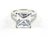 Beautiful Center Detailed Square Shape CZ With Double CZ Row Sides Silver Ring