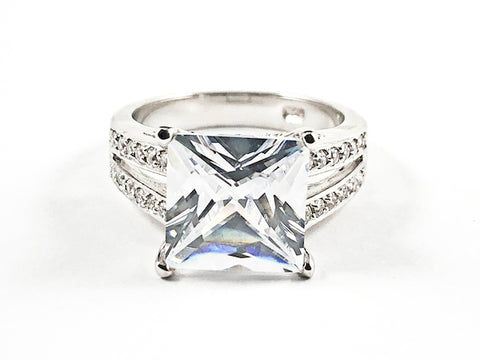 Beautiful Center Detailed Square Shape CZ With Double CZ Row Sides Silver Ring