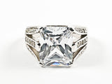 Beautiful Center Detailed Rectangle Shape CZ With Multi CZ Row Sides Silver Ring