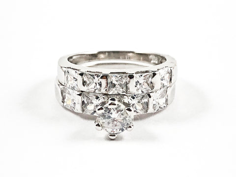 Beautiful 2 Piece Set Large Rectangle & Round Shape CZ Settings Engagement Style Silver Ring