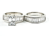 Beautiful Elegant Baguette Setting 2 Piece Set Engagement Style Silver Ring
