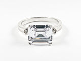 Classic Center Single Rectangle Shape Detailed Cut CZ Silver Ring