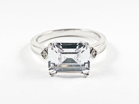 Classic Center Single Rectangle Shape Detailed Cut CZ Silver Ring