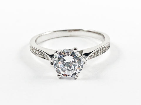 Beautiful Classic Center Round Shape CZ With Elegant CZ Sides Silver Ring