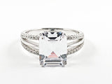 Beautiful Classic Center Rectangle Shape CZ With Elegant Open CZ Sides Silver Ring