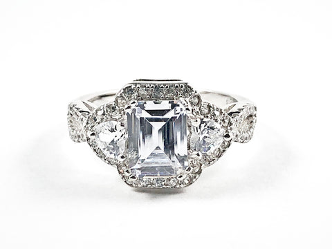 Elegant Classic Rectangle Detailed Trillion Cut Center CZ Engagement Style Silver Ring