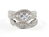 Elegant Classic 2 Piece Set Engagement Style Crossover Design Textured Silver Ring