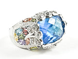 Beautiful Rectangle Shape Aquamarine Center CZ With Multi Color Mosaic Detailed CZ Silver Ring