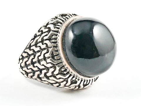 Unique Center Black Onyx Stone Antique Braided Textured Style Silver Ring