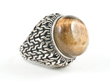 Unique Center Tiger Eye Stone Antique Braided Textured Style Silver Ring