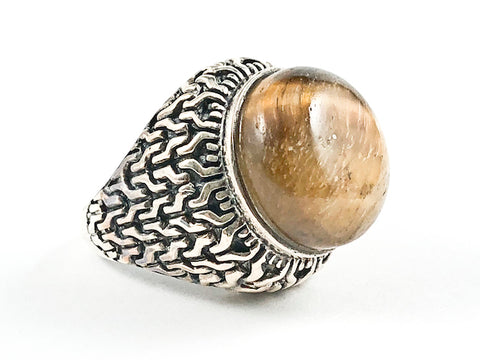 Unique Center Tiger Eye Stone Antique Braided Textured Style Silver Ring