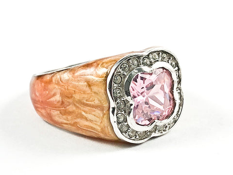 Unique Center Floral Shape Pink CZ Orange Color Caramel Swirl Design Silver Ring