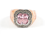 Unique Center Floral Shape Pink CZ Orange Color Caramel Swirl Design Silver Ring