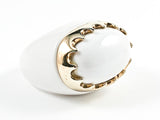 Beautiful White Enamel With Gold Tone Crown Rim Design Silver Ring