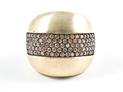 Nice Matte Brush Dome Shape With Middle Micro Setting CZ Gold Tone Silver Ring