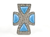 Beautiful Antique Style Large Cross Design With Turquoise & CZs Silver Ring