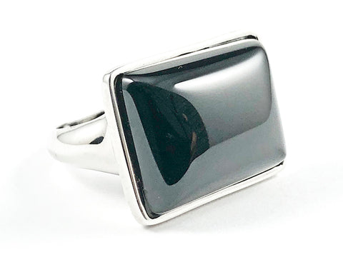 Simple Center Rectangle Shape Single Black Onyx Stone Silver Ring