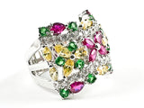 Beautiful Multi Color Mosaic Floral Design Style CZ Silver Ring