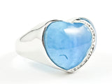 Unique Heart Shape Form With CZ Overlay Transparent Blue Crystal Style Silver Ring