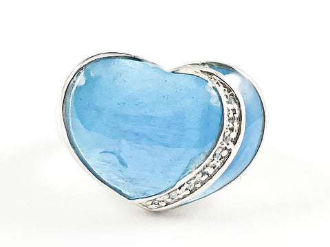 Unique Heart Shape Form With CZ Overlay Transparent Blue Crystal Style Silver Ring