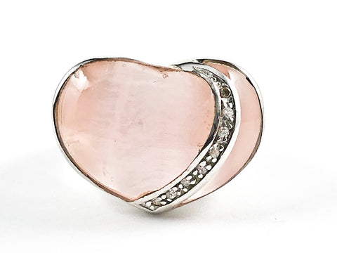 Unique Heart Shape Form With CZ Overlay Transparent Light Pink Crystal Style Silver Ring