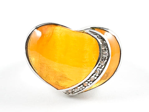 Unique Heart Shape Form With CZ Overlay Transparent Orange Crystal Style Silver Ring