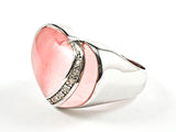 Unique Heart Shape Form With CZ Overlay Transparent Pink Crystal Style Silver Ring