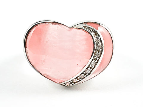 Unique Heart Shape Form With CZ Overlay Transparent Pink Crystal Style Silver Ring