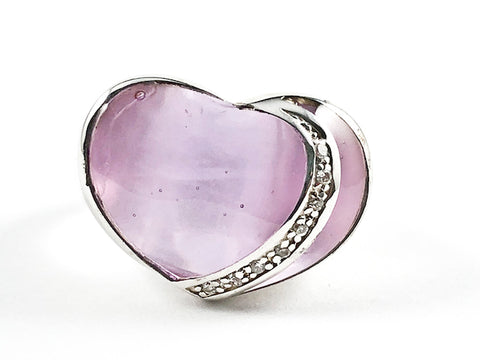 Unique Heart Shape Form With CZ Overlay Transparent Purple Crystal Style Silver Ring