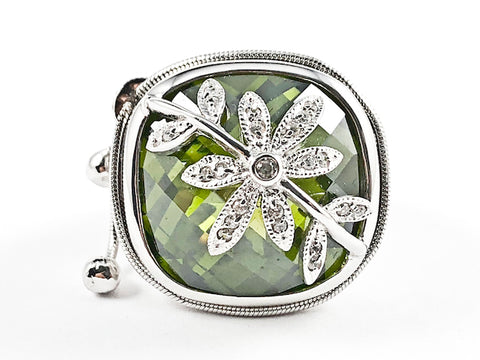 Beautiful Large Center Square Green Color CZ With Floral Design CZ Top Dangle Chain Silver Ring