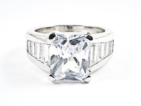Classic Baguette CZ With Center Rectangle Shape CZ Silver Ring