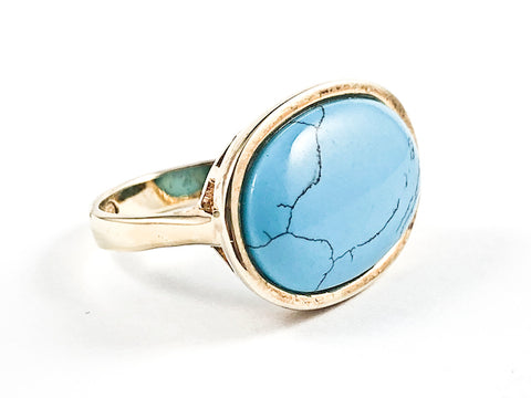 Beautiful Oval Shape Center Turquoise Stone Gold Tone Silver Ring