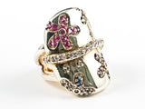 Beautiful Large Shiny Metallic Material With Color Floral CZ Design Element Gold Tone Silver Ring