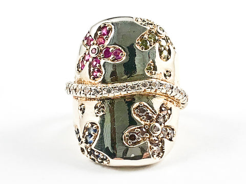 Beautiful Large Shiny Metallic Material With Color Floral CZ Design Element Gold Tone Silver Ring