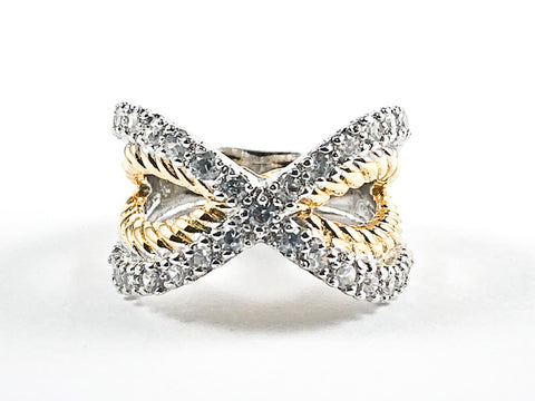 Beautiful Unique Layered X Shape Form Two Tone Style Silver Ring