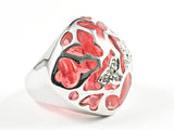 Unique Shape Transparent Red Crystal Glow With Cute Shiny Metallic Overlay Design Silver Ring