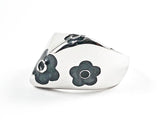 Unique Geometric Shape Form Shiny Metallic With Black Flower Enamel Design Elements Silver Ring