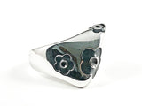 Unique Geometric Shape Form Shiny Metallic With Black Flower Enamel Design Elements Silver Ring