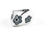 Unique Geometric Shape Form Shiny Metallic With Black Flower Enamel Design Elements Silver Ring